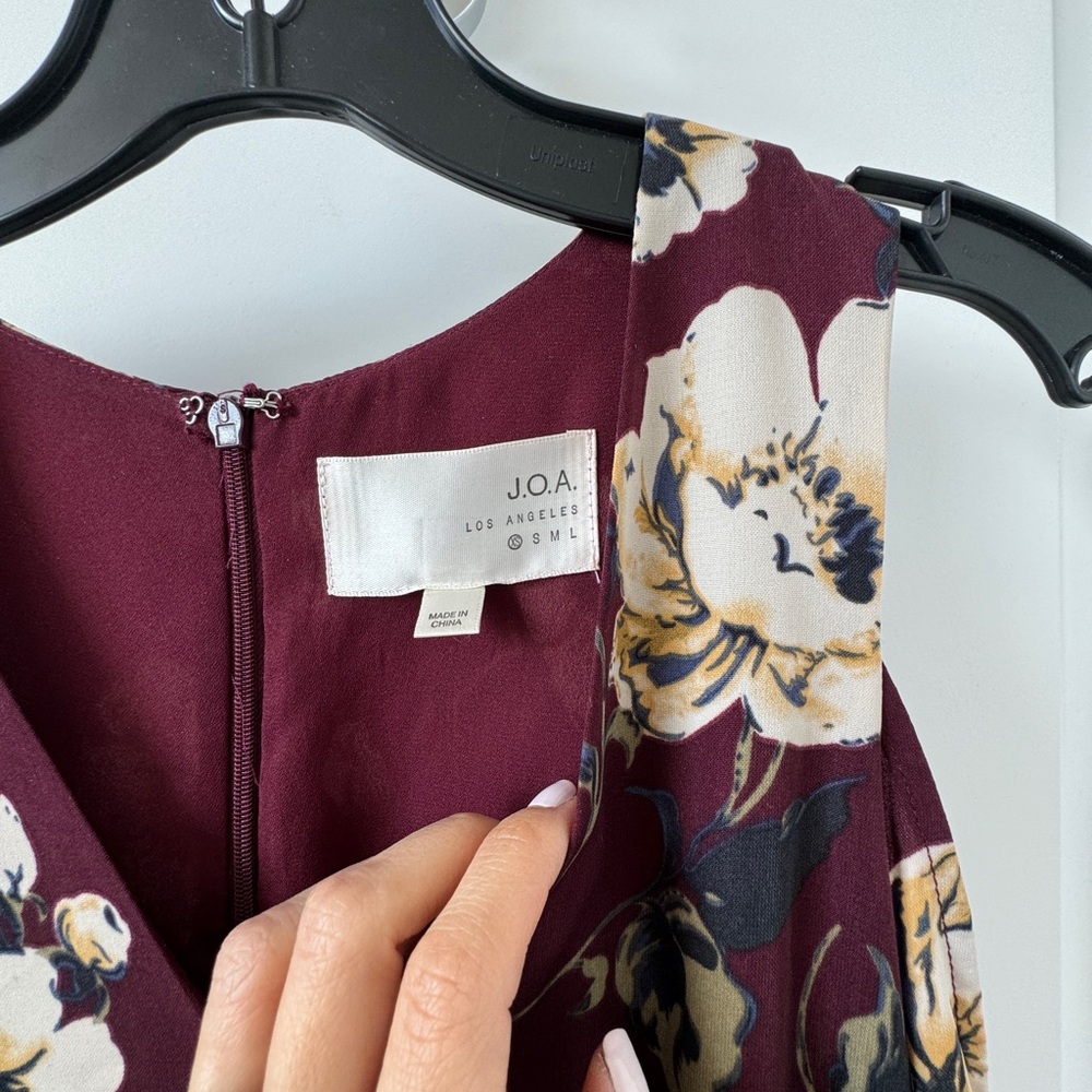 J.O.A by Nordstrom floral burgundy dress, v-neck, exposed drop shoulder
